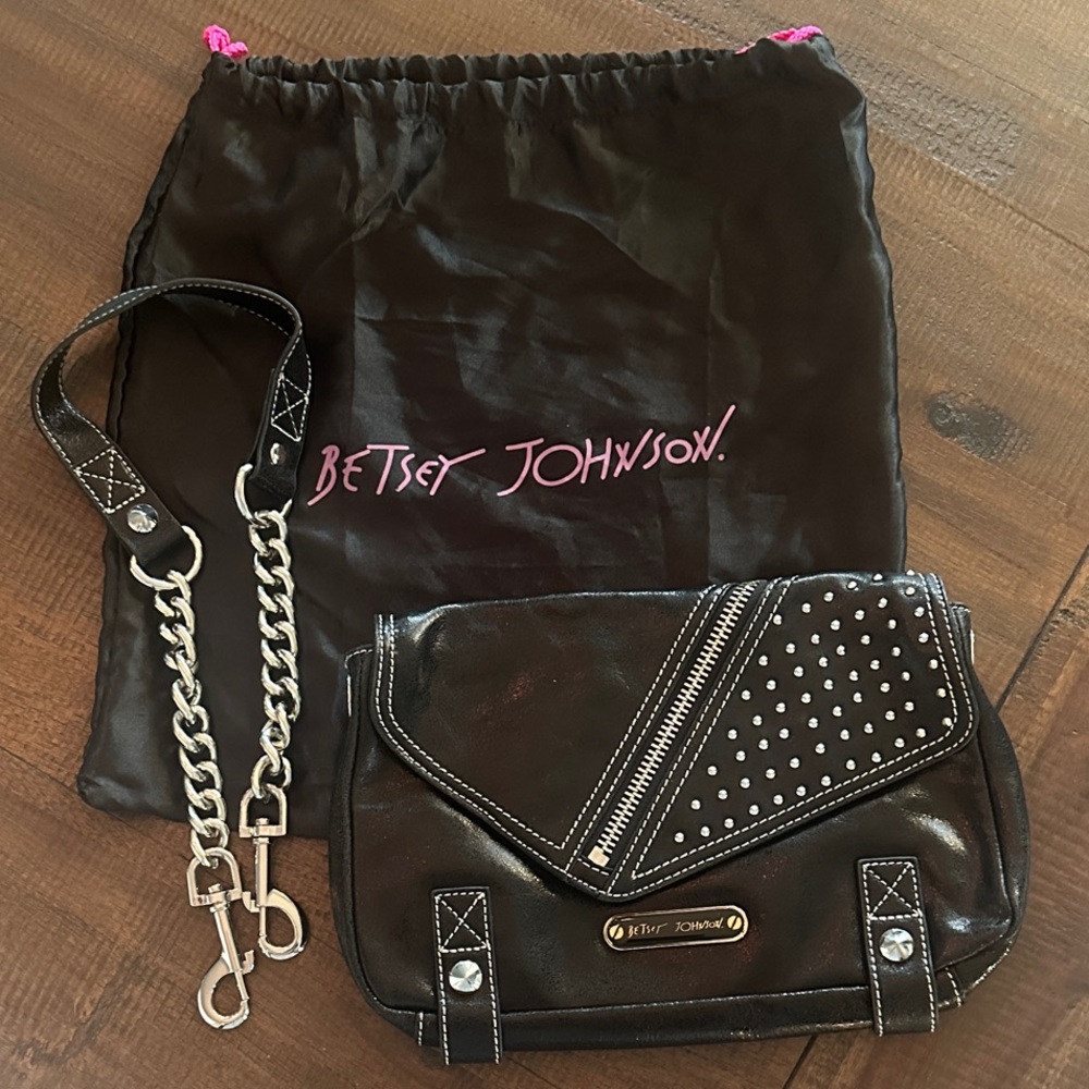 Betsey Johnson Black Studded Flap Clutch / Purse with Chain Strap